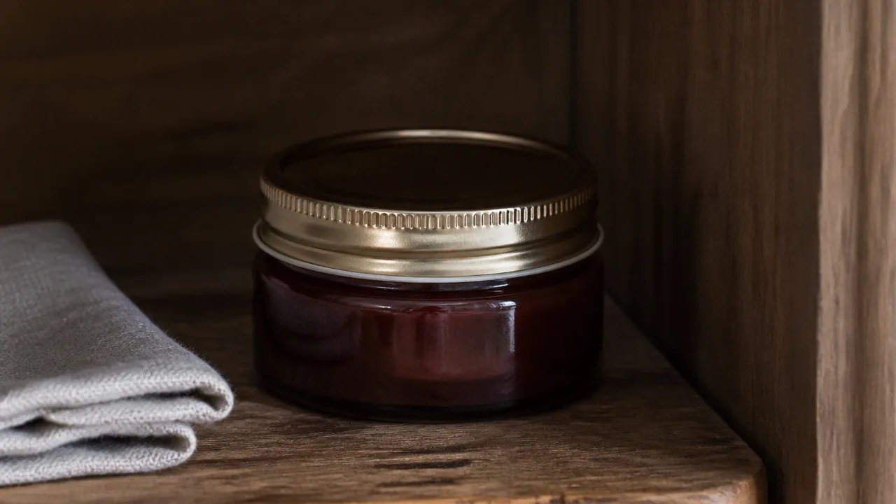 A close-up photograph of a small squat glass jar with a tightly closed screw lid containing dark reddish-brown lacquer, resting on a wooden shelf in a shaded corner of a cabinet, with a small folded linen cloth beside it. No drips on the jar. Soft dim light. Photorealistic photograph, macro lens, soft natural light, realistic materials with natural texture and subtle reflections, not an illustration or painted rendering. No hands, no people, no text, no lettering, no numbers, no logos, no brand names, no price tags.