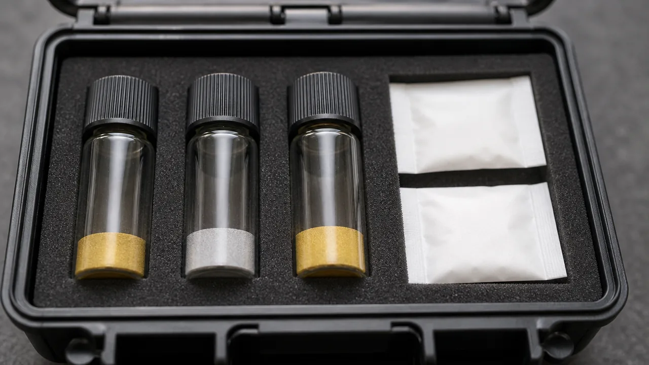 A close-up photograph of a small hard-shell case with foam slots holding three tiny clear glass vials with tight black caps standing upright. Each vial is only about one quarter full with an extremely fine, dust-like metallic powder that lies as a smooth flat layer at the bottom of the vial: two vials contain a soft gold-colored powder and one contains a pale silvery powder. Beside them lie two small plain white sachets. Soft even lighting. Photorealistic photograph, macro lens, soft natural light, realistic materials with natural texture and subtle reflections, not an illustration or painted rendering. No hands, no people, no text, no lettering, no numbers, no logos, no brand names, no price tags.