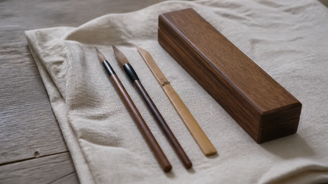 A flat lay photograph on a folded linen cloth on a wooden table of two fine-bristled brushes with slim wooden handles and one slim bamboo spatula, all lying flat and clean, beside a small closed narrow wooden box. Soft natural window light. Photorealistic photograph, macro lens, soft natural light, realistic materials with natural texture and subtle reflections, not an illustration or painted rendering. No hands, no people, no text, no lettering, no numbers, no logos, no brand names, no price tags.