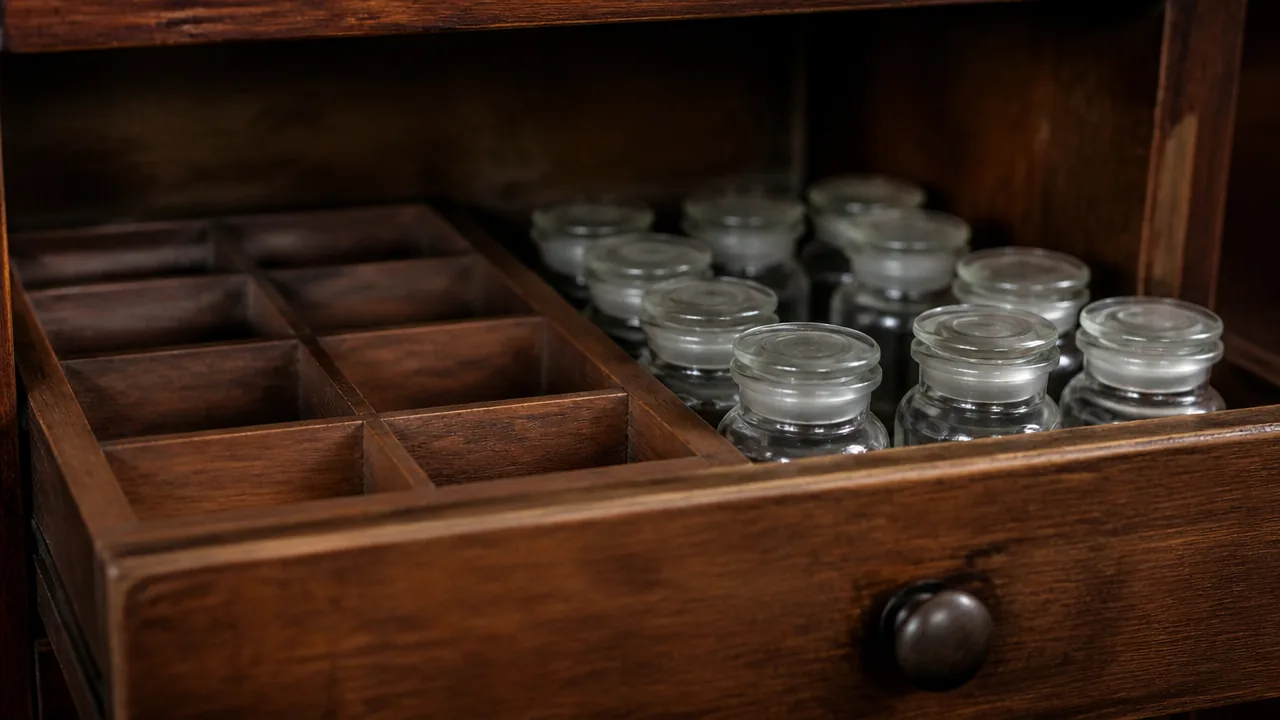 A photograph of a shallow wooden drawer partly pulled open inside a dim cabinet, showing a compartment box and a row of small lidded glass jars neatly arranged, with no labels and no text. Soft low light. Photorealistic photograph, macro lens, soft natural light, realistic materials with natural texture and subtle reflections, not an illustration or painted rendering. No hands, no people, no text, no lettering, no numbers, no logos, no brand names, no price tags.