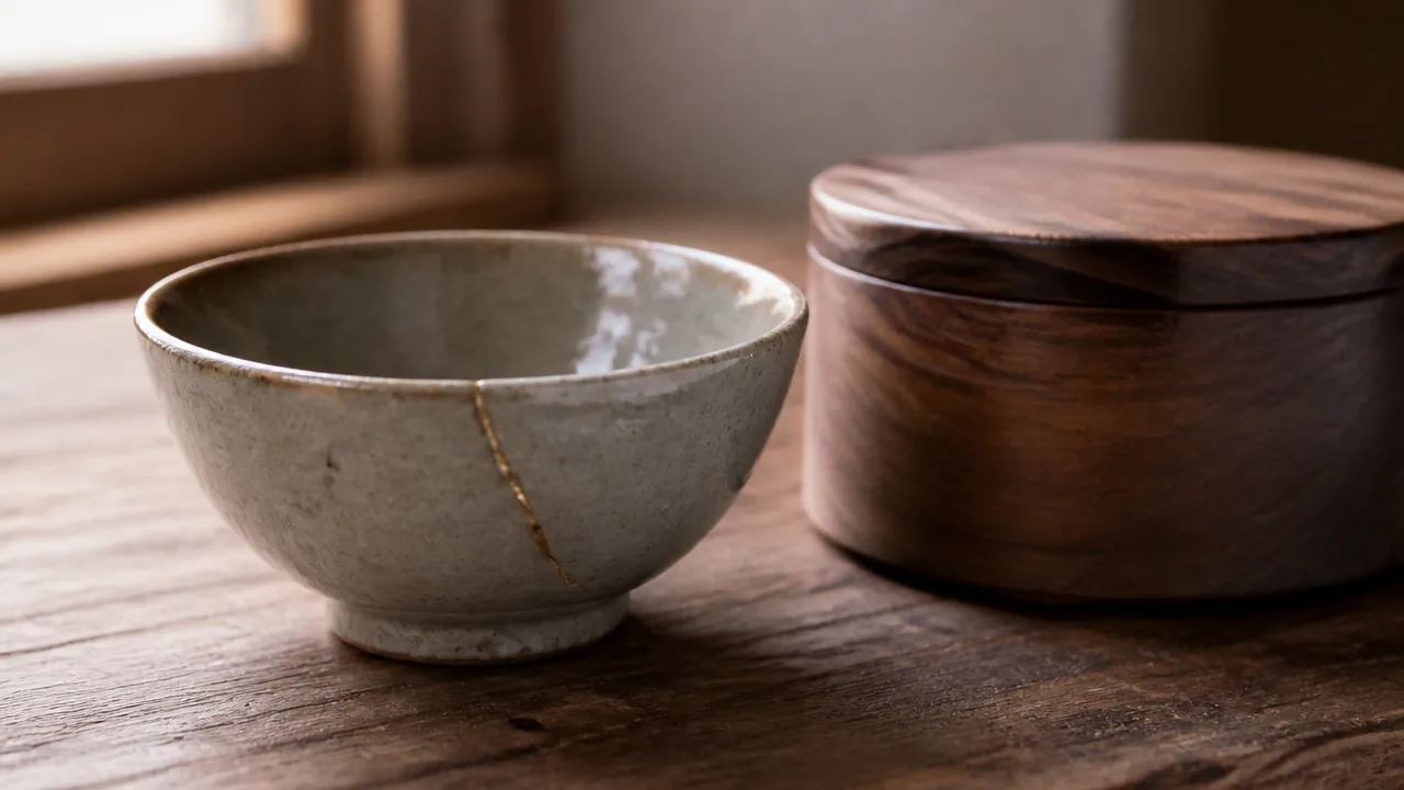 A warm editorial photograph on a wooden table of a repaired ceramic bowl with a fine gold seam resting beside a closed small wooden supply box, soft natural window light. Photorealistic photograph, macro lens, soft natural light, realistic materials with natural texture and subtle reflections, not an illustration or painted rendering. No hands, no people, no text, no lettering, no numbers, no logos, no brand names, no price tags.