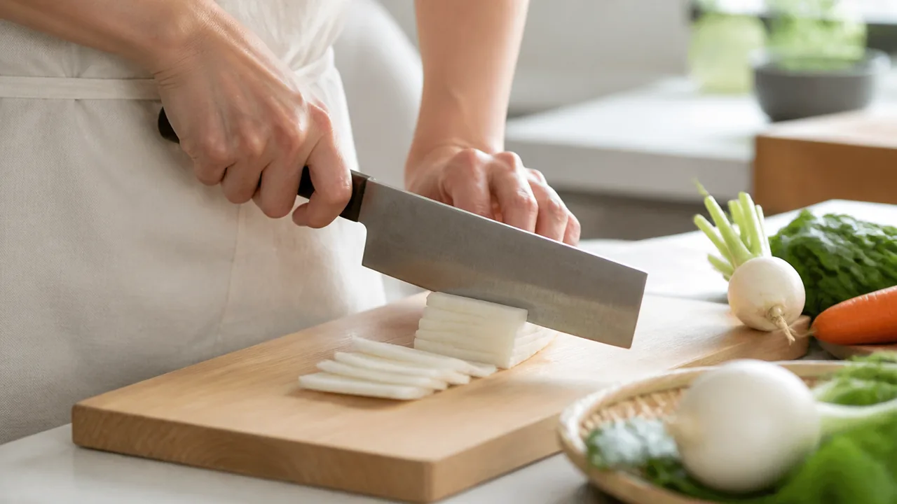 Hands slicing daikon with a nakiri knife on a wooden cutting board