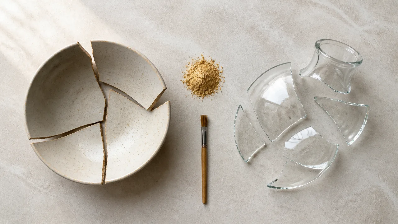 A flat-lay photograph on a light stone surface showing two broken objects side by side: a cracked ceramic bowl on the left and a broken clear glass vessel on the right, with fine gold powder and a small wooden brush placed neatly between them. Soft natural lighting from the upper left. No text, labels, or logos anywhere in the image. Photorealistic style.