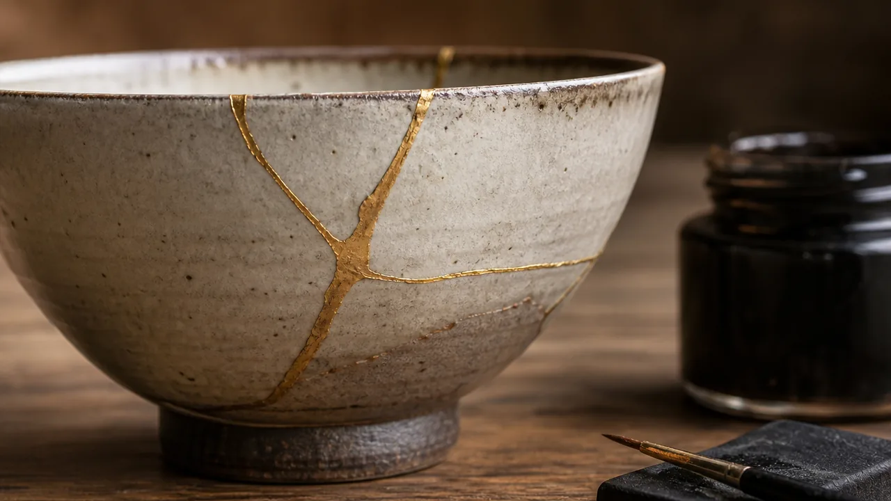 A close-up macro photograph of a repaired ceramic bowl with a gold kintsugi seam running across its surface, resting on a dark wooden table. The ceramic surface shows subtle texture and slight porosity around the repair line. A small jar of dark lacquer and a fine brush rest beside the bowl. Warm, diffused studio lighting. No text, labels, or logos. Photorealistic.