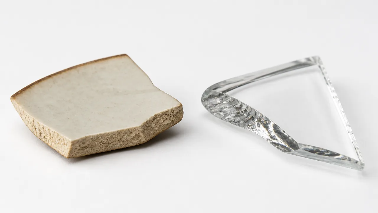 A side-by-side studio photograph on a clean white surface: on the left, a fragment of broken ceramic showing a slightly rough, matte texture on its cross-section; on the right, a fragment of broken clear glass showing a smooth, glossy cross-section edge. Soft even lighting to emphasize the textural contrast between the two materials. No text, labels, or logos. Photorealistic.
