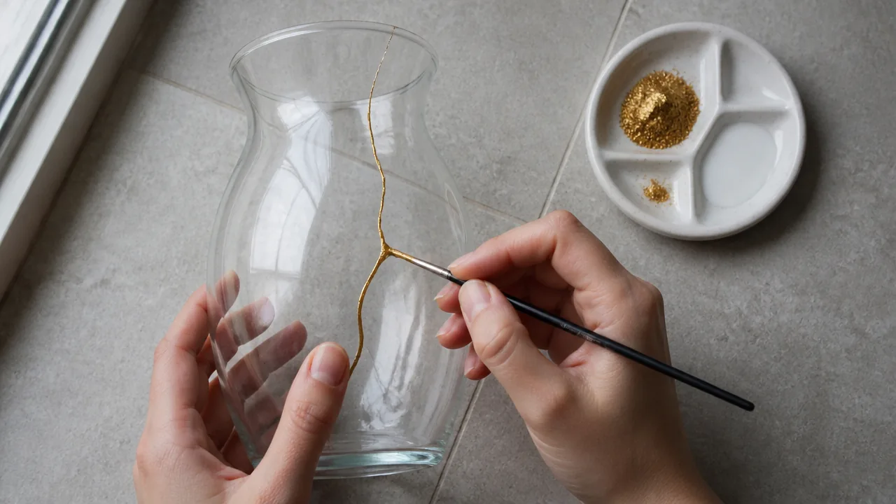 A top-down photograph on a light grey ceramic tile surface showing a cracked clear glass vase being repaired, with a thin gold line traced carefully along the crack using a fine brush. A small mixing palette with gold powder and adhesive sits nearby. Soft natural light from a window to the side. No text, labels, or logos. Photorealistic.