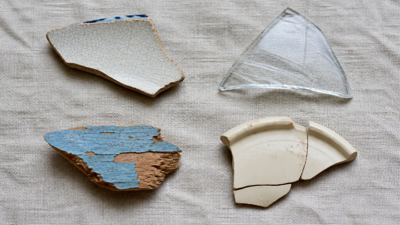 A flat-lay photograph on a natural linen cloth showing several broken objects arranged in a loose grid: a ceramic shard, a piece of broken clear glass, a small fragment of painted wood, and a cracked plastic piece. The objects are unrepaired, showing their natural broken edges. Soft diffused daylight. No text, labels, or logos visible. Photorealistic.