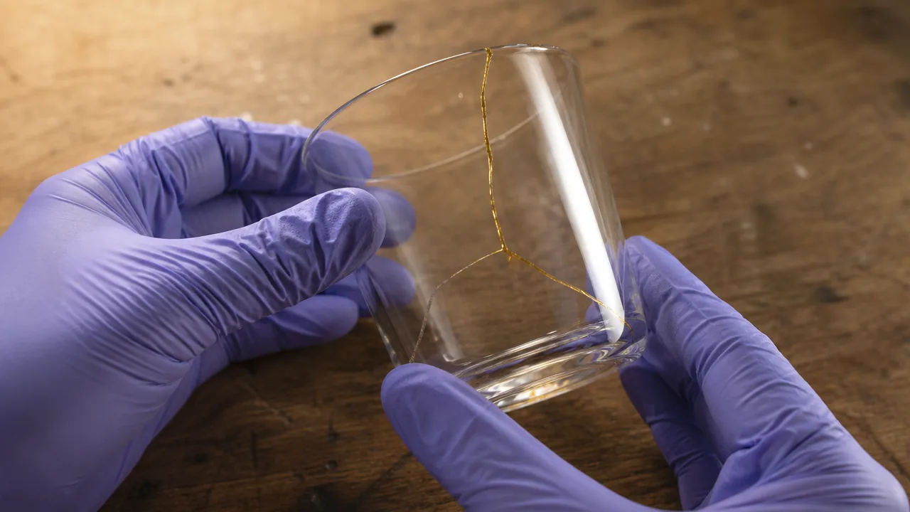 A close-up photograph of two hands in nitrile gloves carefully holding a broken clear glass cup together, with a fine gold line visible along the crack where a repair has been started. The background is a simple wooden workbench with soft warm light. No text, labels, or logos in the image. Photorealistic.