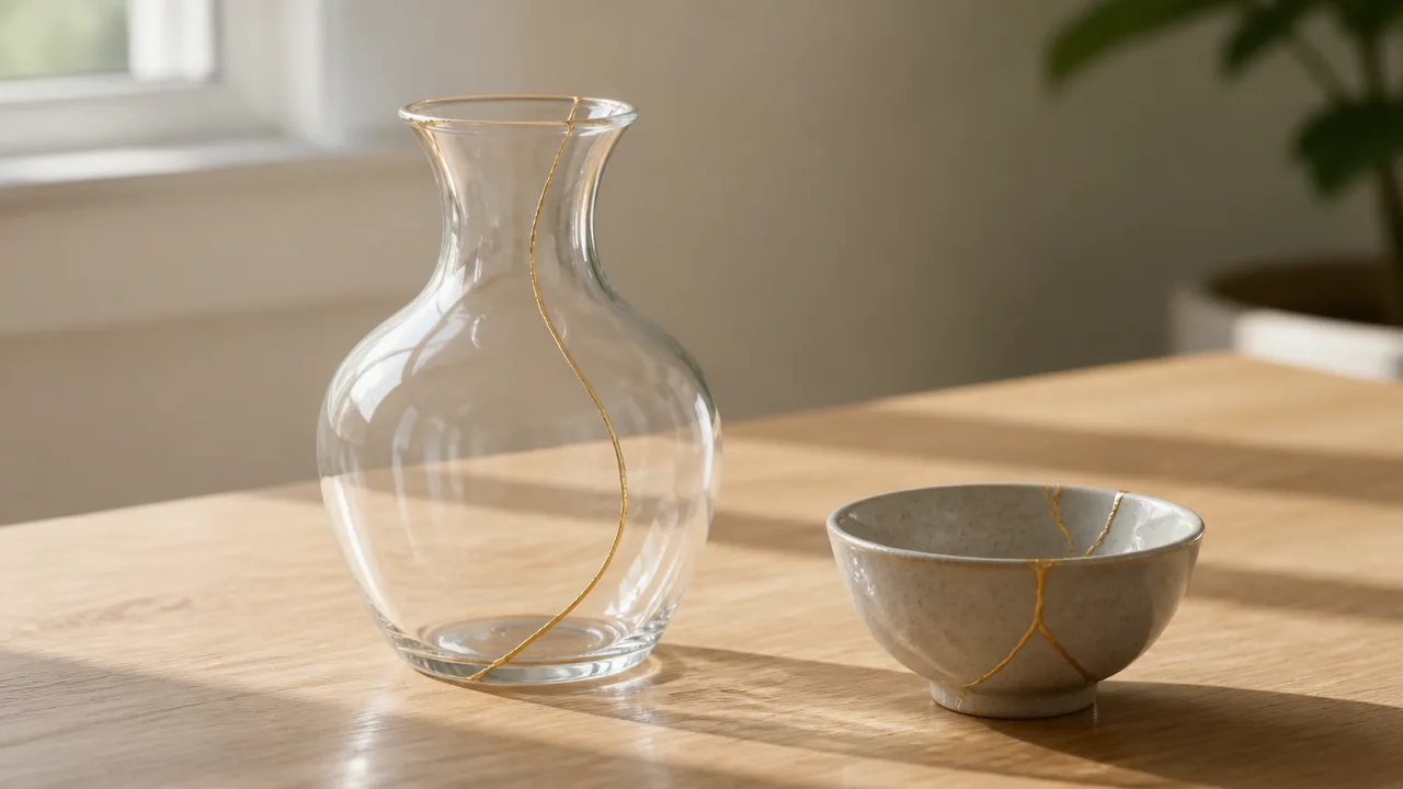 A serene photograph on a light oak table showing a repaired clear glass vase with a delicate gold seam running along a formerly broken line, catching warm afternoon light from a window. A small ceramic bowl with a similar gold kintsugi repair sits beside it for comparison. Minimal, clean composition. No text, labels, or logos. Photorealistic.