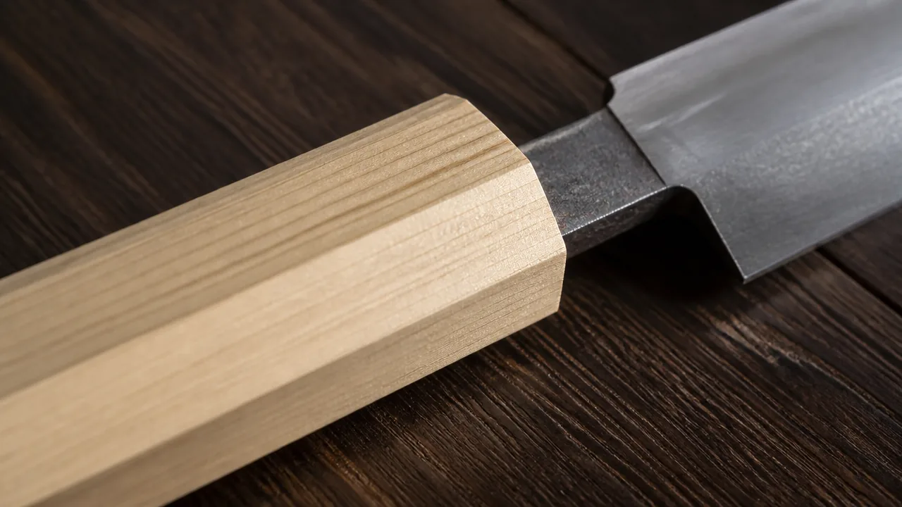 A close-up macro photograph on a dark wood surface showing a Japanese knife's Wa-handle in detail: a light-colored octagonal wooden handle, the bare metal tang visible at the junction where it meets the blade with no metal bolster or collar present. Soft directional lighting emphasizing the wood grain and the octagonal facets. No hands, no text, no lettering, no logos, no price tags, photorealistic style.