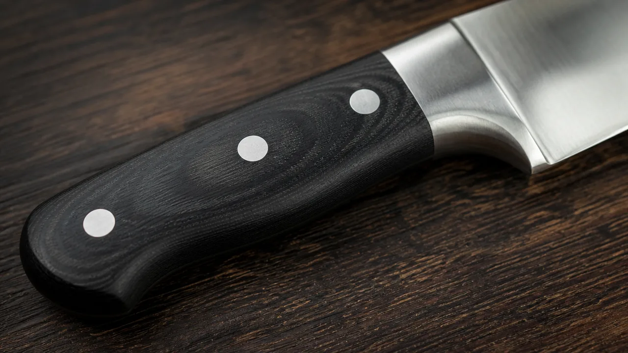A close-up macro photograph on a dark wood surface showing a Western-style knife handle in detail: a dark contoured composite handle with three visible round metal rivets running through it, and a thick metal bolster where the handle meets the blade. Soft directional lighting emphasizing the rivets and the bolster's metallic sheen. No hands, no text, no lettering, no logos, no price tags, photorealistic style.
