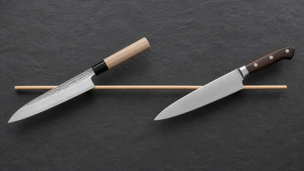 A side-by-side flat lay photograph on a dark slate surface showing two knives resting on a thin wooden dowel used as a balance point demonstration: the left knife with a light Wa-handle balances with its pivot point close to the blade near the handle junction; the right knife with a heavier Western handle and bolster balances with its pivot point further back along the handle. Soft even lighting, no text, no lettering, no logos, no price tags.