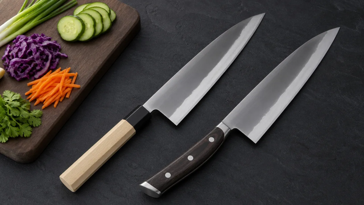 A flat lay photograph on a dark slate surface showing two Japanese Gyuto-style knives with identical curved blades but different handles: one fitted with a light octagonal Wa-handle, the other fitted with a contoured riveted Western handle, arranged next to a small cutting board with sliced vegetables. Soft natural light, no hands, no text, no lettering, no logos, no price tags, photorealistic style.