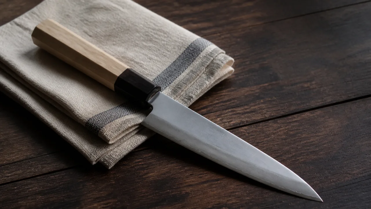A quiet still life photograph on a dark wood surface showing a single Japanese knife with a light octagonal Wa-handle resting beside a folded cloth towel, away from a sink, suggesting hand-drying rather than dishwasher use. Soft natural light, calm mood, no hands, no text, no lettering, no logos, no price tags.