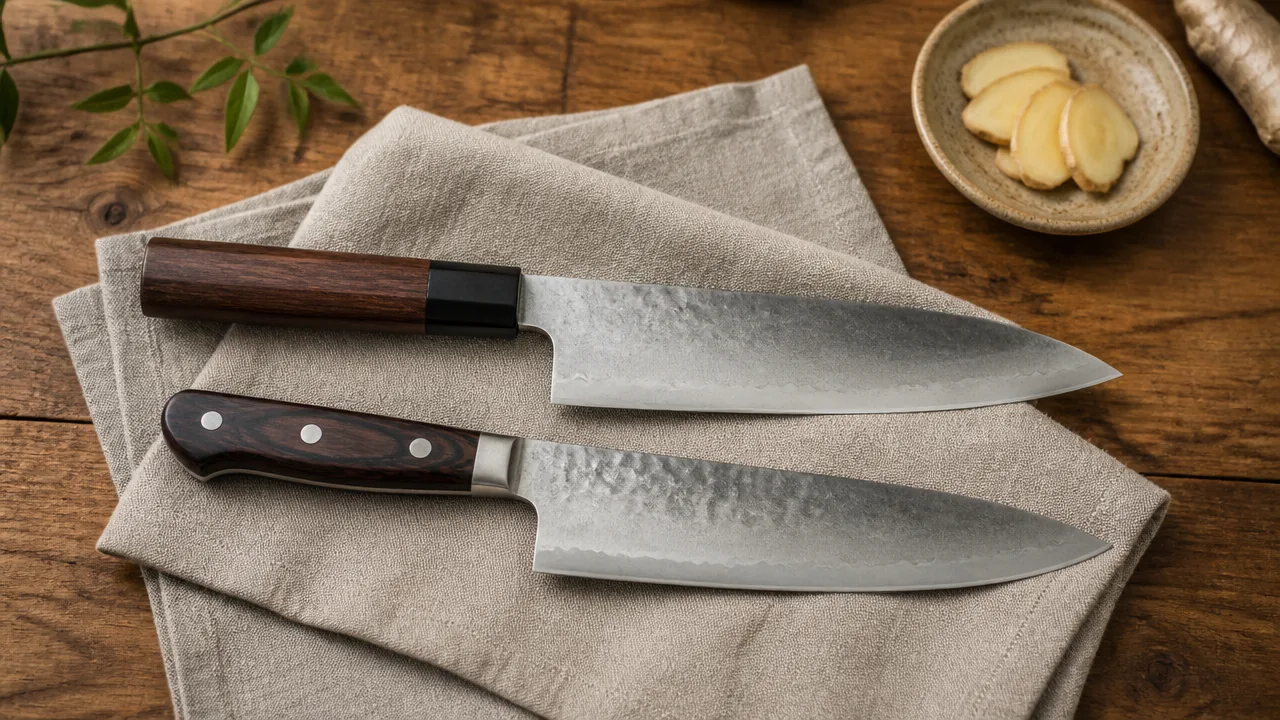 A warm editorial flat lay on a wooden table showing a Gyuto knife with a Wa-handle laid beside a Gyuto knife with a Western handle, both blades resting on a folded linen cloth, with a small dish of sliced ginger nearby for context. Soft natural light, no hands, no text, no lettering, no logos, no price tags.