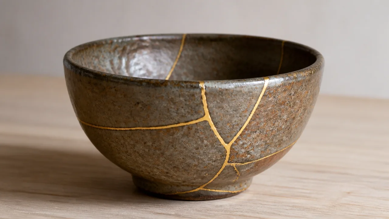 A stoneware tea bowl repaired with kintsugi, with thin gold lines following the old break lines across the bowl
