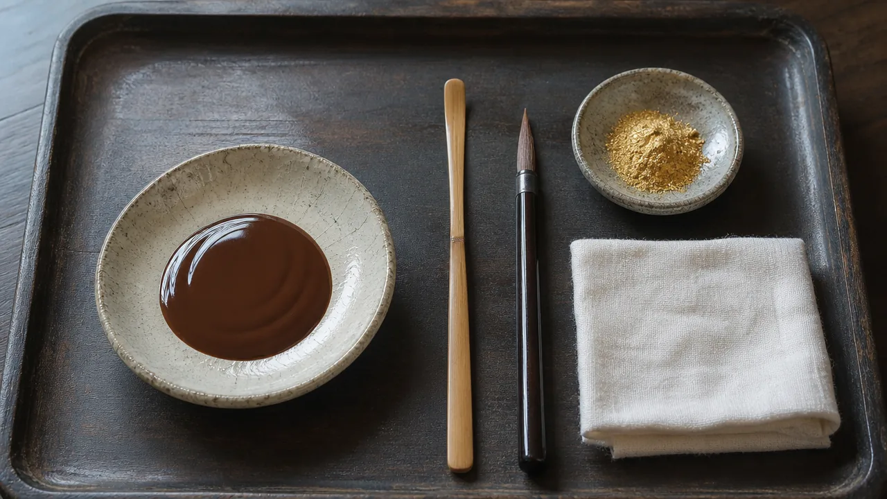 Traditional kintsugi materials on a dark wooden tray: a dish of dark brown lacquer, gold powder in a small dish, a bamboo spatula, a fine brush and a cotton cloth