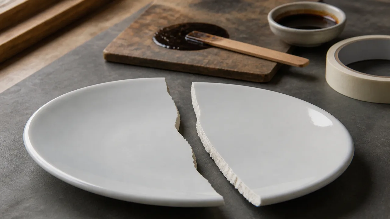 A white porcelain plate broken into two pieces on a repair bench, showing the rough broken edges, with a board of dark lacquer, a flat wooden spatula, a small dish of lacquer and a roll of masking tape behind it