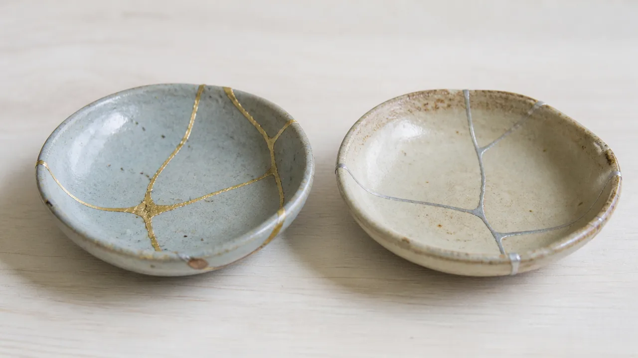 Two small ceramic dishes repaired with kintsugi, one with gold seams and one with silver seams (gintsugi)