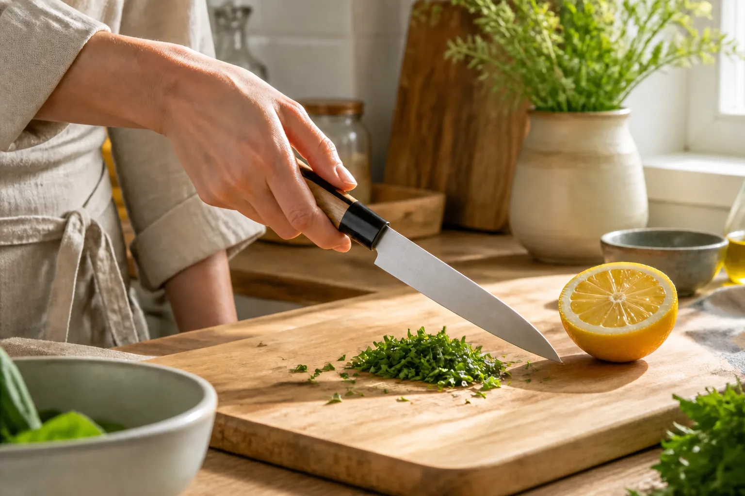 A hand slicing herbs with a petty knife on a cutting board beside a lemon half
