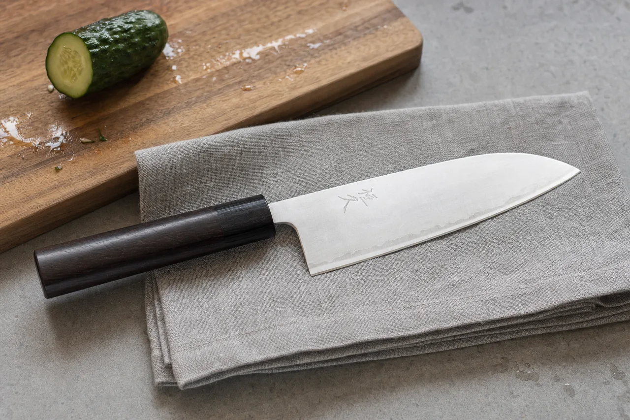 Tsunehisa santoku with a polished blade and rosewood handle drying on a linen towel next to a wooden cutting board
