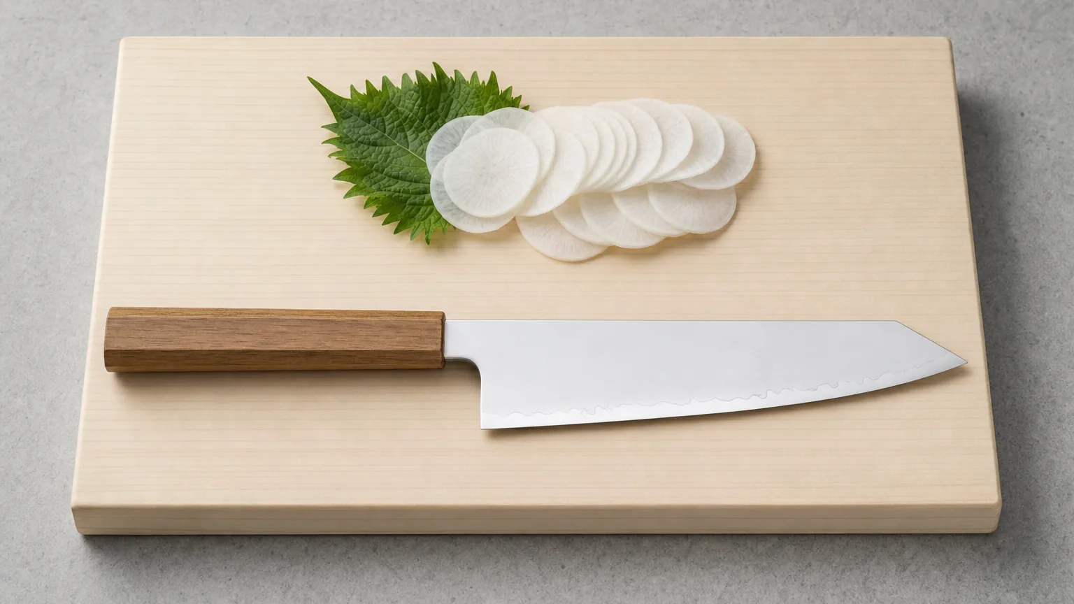 A Japanese kiritsuke-style chef's knife with a teak handle on a hinoki cutting board beside thin daikon slices and a shiso leaf