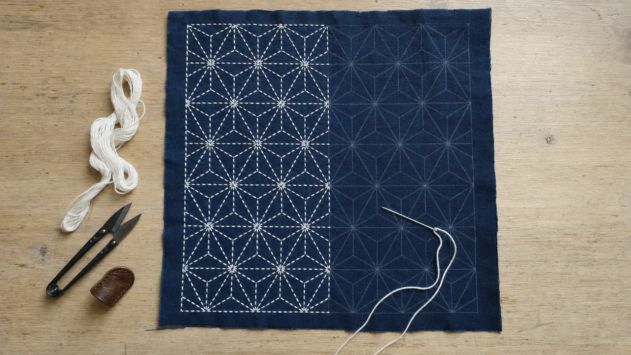 Indigo cotton cloth half-stitched with a white asanoha (hemp leaf) sashiko pattern, with a needle, thread, snips and a thimble