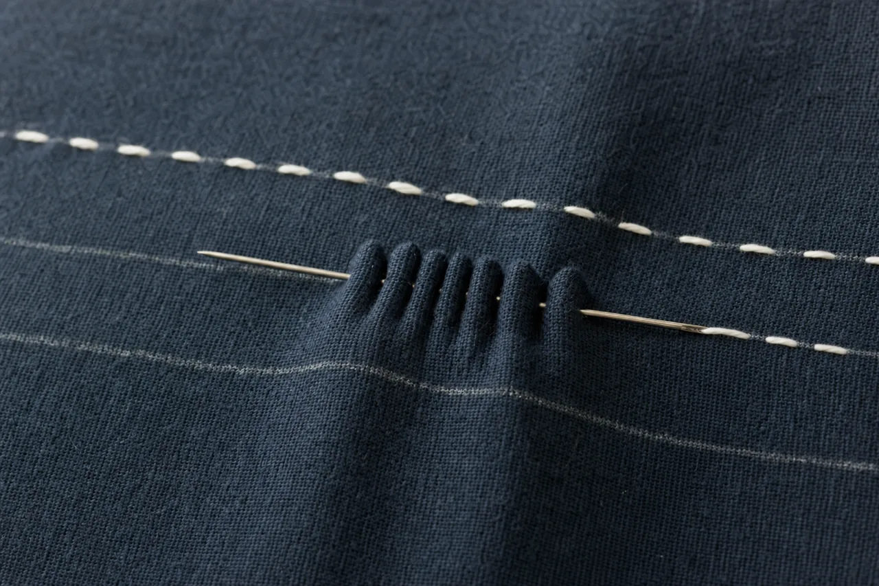 A sashiko needle loaded with several stitches on indigo cotton, with finished running stitches along the same chalk line