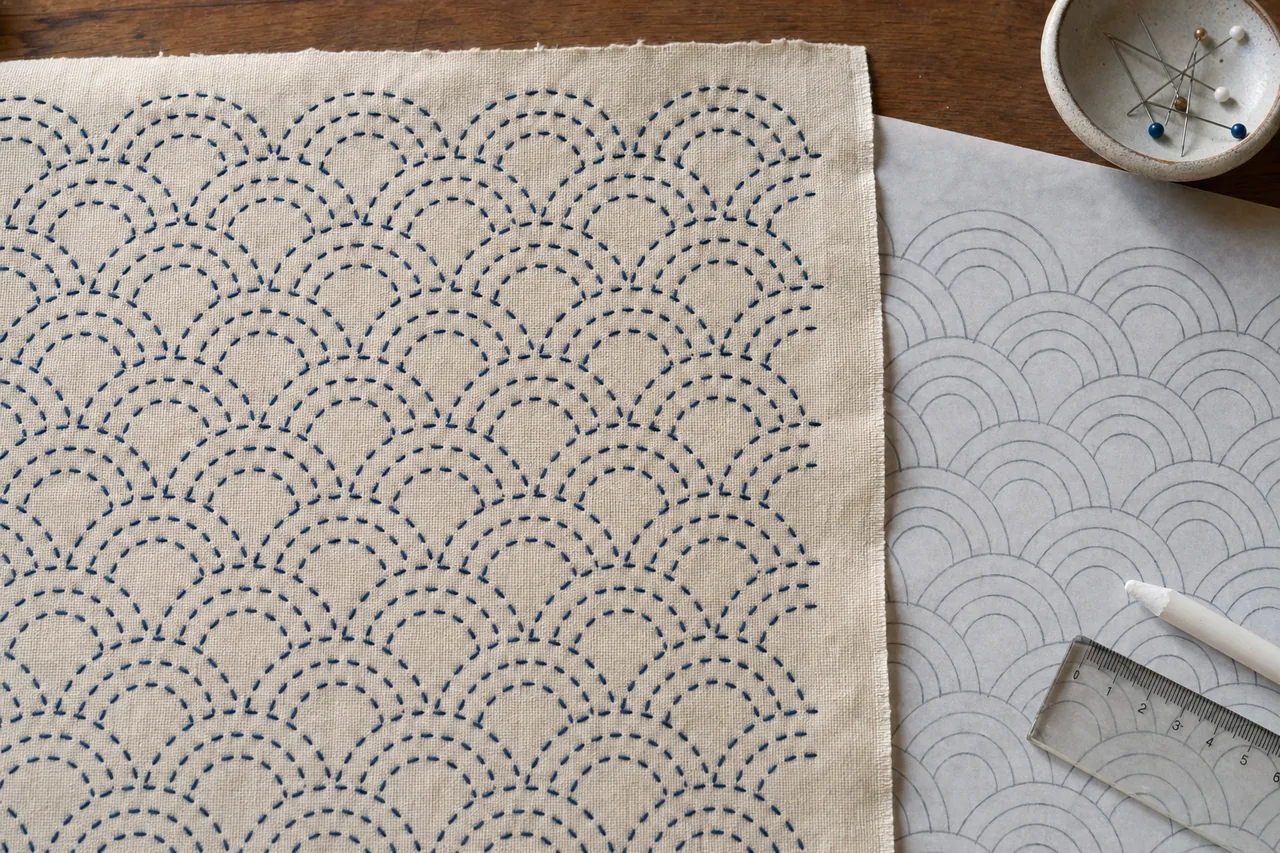 Cloth stitched with a navy seigaiha (wave) sashiko pattern beside a traced paper template, chalk pencil and ruler