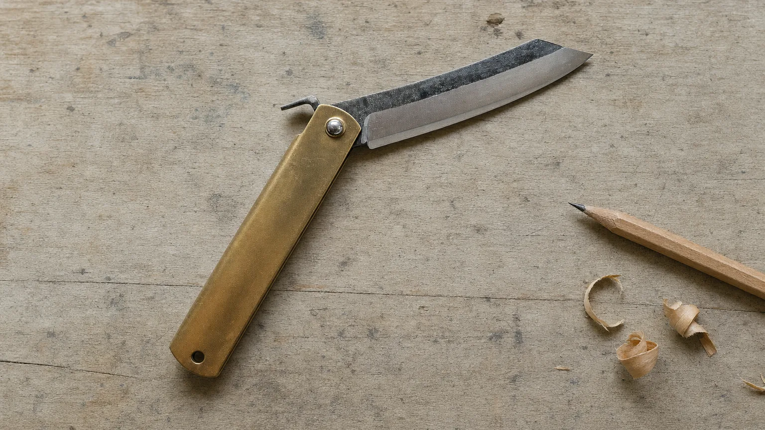 A brass-handled Japanese folding knife with a dark forged blade on a wooden workbench, beside a pencil and wood shavings