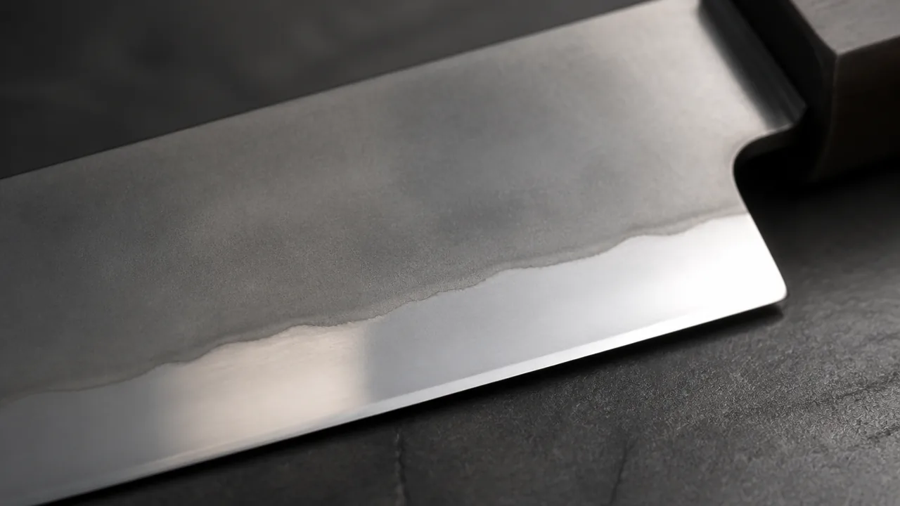 Close-up of a Japanese knife blade near the heel: hazy, matte soft iron above and bright polished steel along the edge, separated by a wavy line