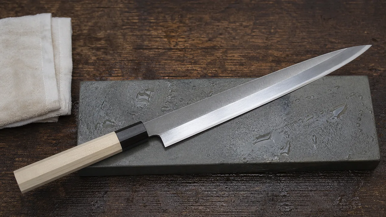 A yanagiba knife resting on a wet whetstone on a wooden workbench, with a folded cloth beside it