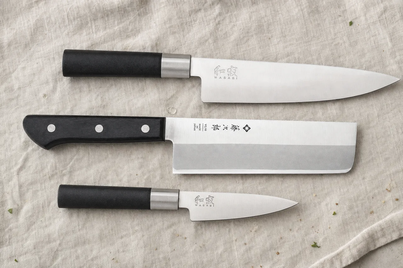 A gyuto, a nakiri and a paring knife side by side on linen, seen from above