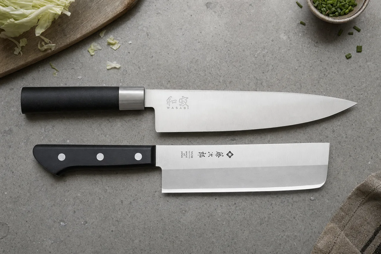 A Kai Wasabi gyuto and a Tojiro Basic nakiri side by side, showing the black plastic handle with steel collar and the black three-rivet handle