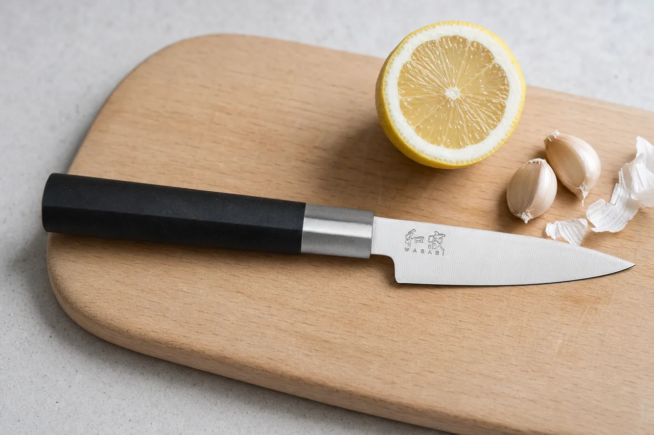 Kai Wasabi paring knife beside a halved lemon and garlic on a small cutting board