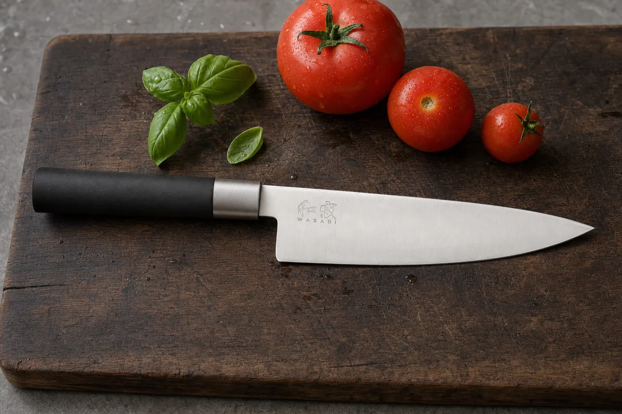 Kai Wasabi gyuto on a wooden cutting board beside tomatoes and basil