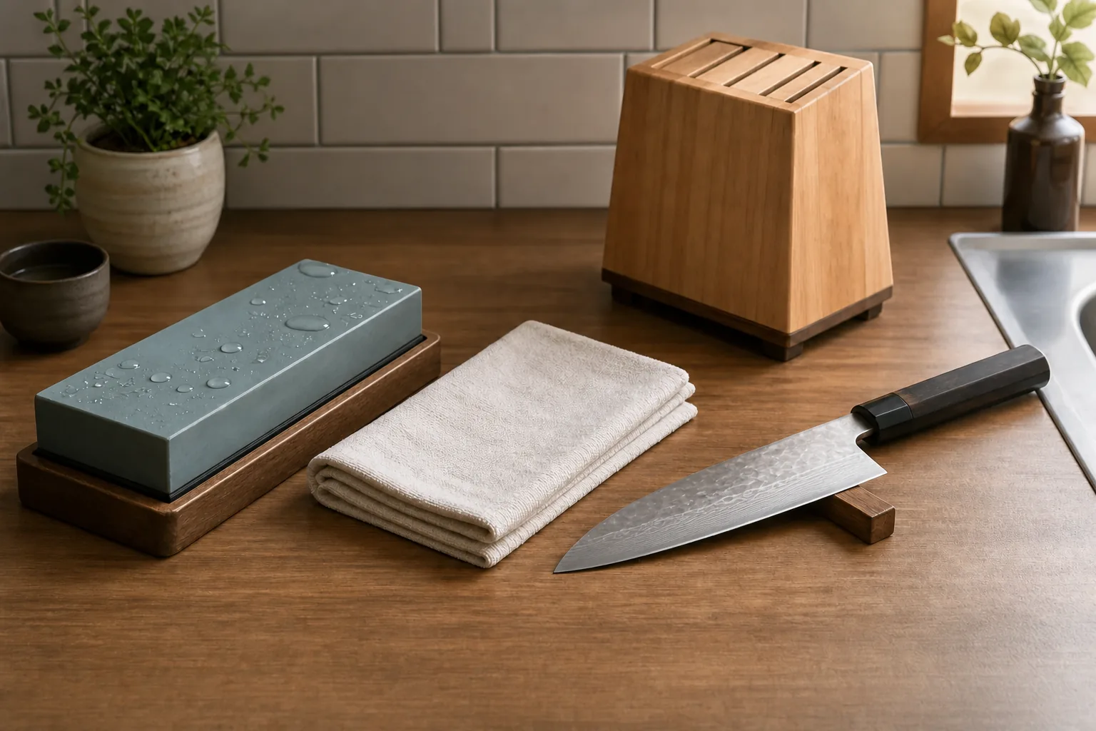 Whetstone, folded towel, knife and wooden knife block arranged on a kitchen counter