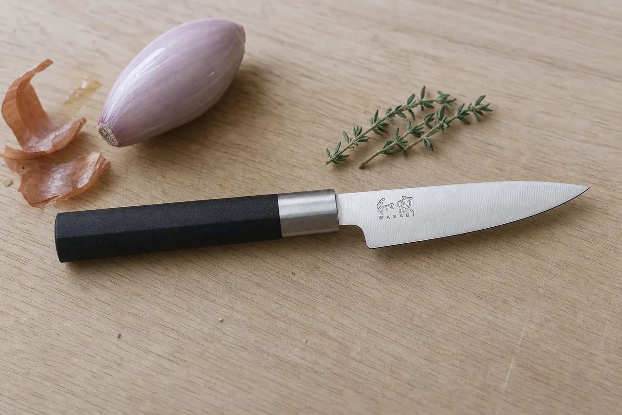 Kai Wasabi paring knife with a slim black handle beside a shallot and thyme on a cutting board
