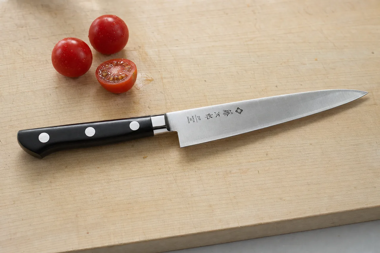 Tojiro DP petty knife with a black three-rivet handle on a hinoki cutting board beside cherry tomatoes