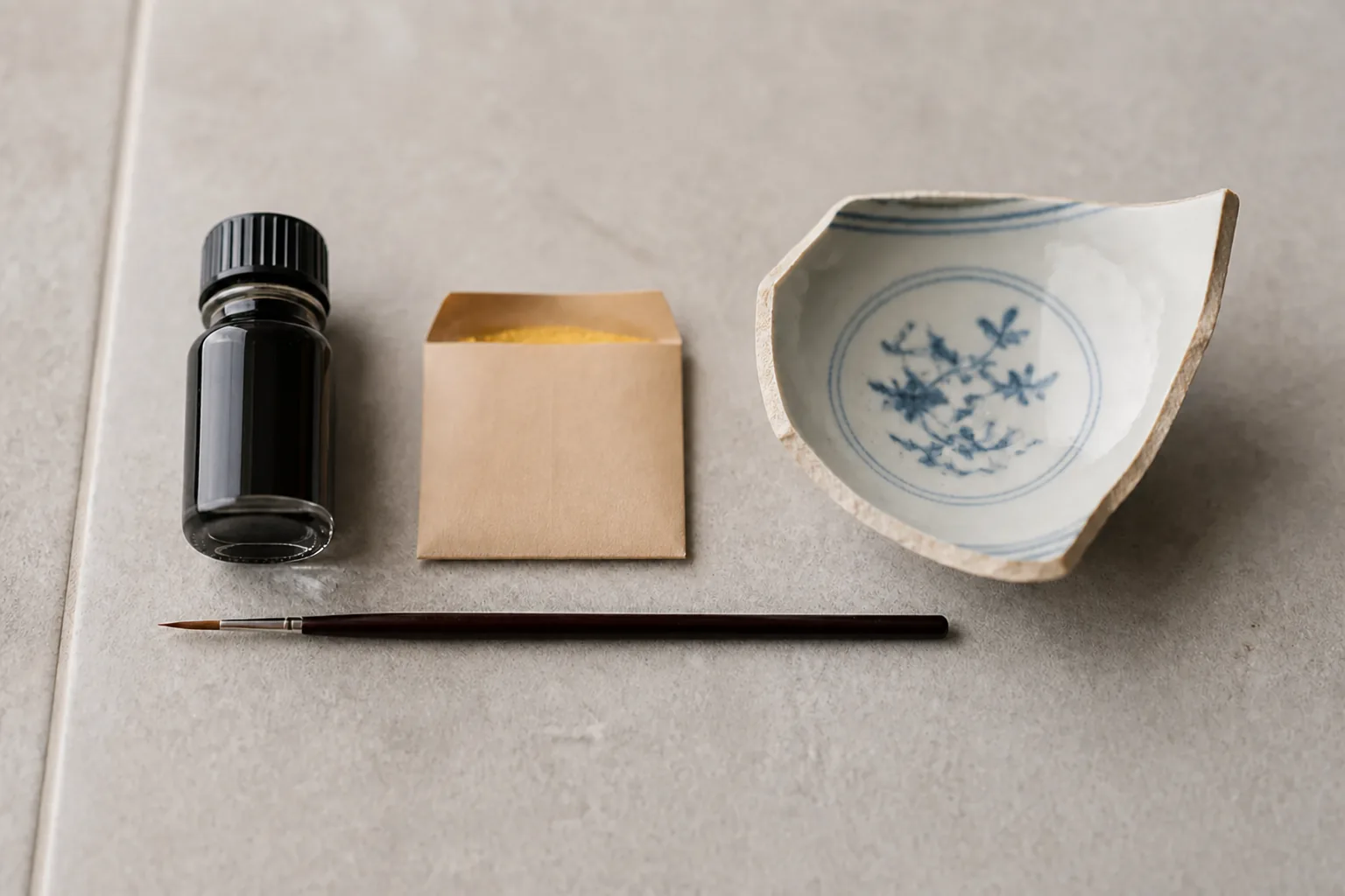 Small bottle of black lacquer, a paper packet of gold powder, a fine brush and a piece of a broken blue-and-white bowl