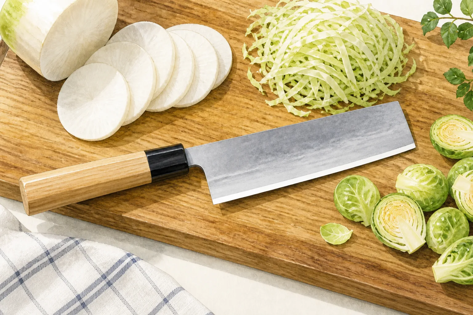 Nakiri knife on a cutting board with sliced daikon, shredded cabbage and Brussels sprouts