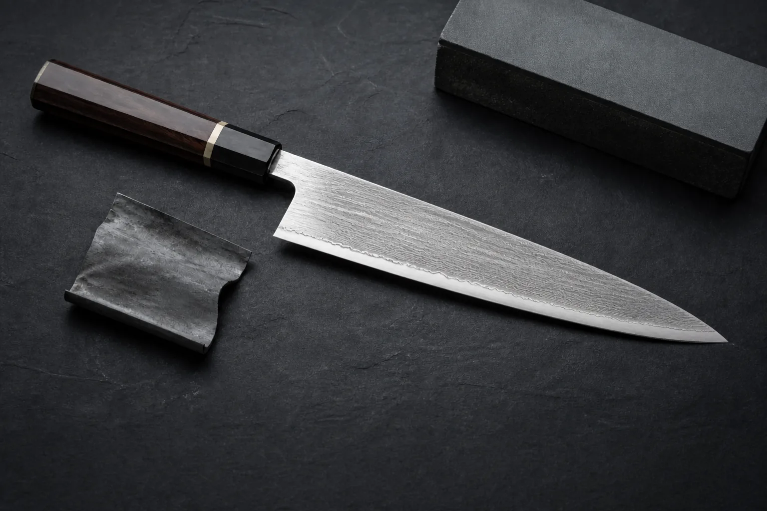 Gyuto with a dark handle on slate beside a whetstone and a piece of dark leather