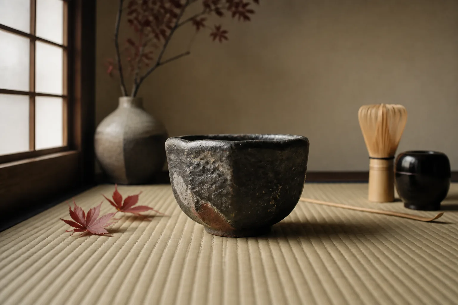Dark ceramic tea bowl on a tatami mat with a bamboo tea whisk, a vase and red maple leaves