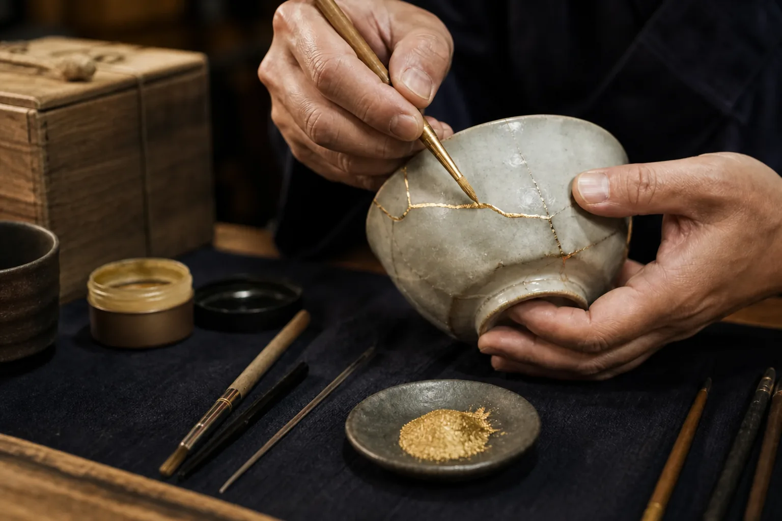 Hands applying gold along a crack in a ceramic bowl with a fine brush